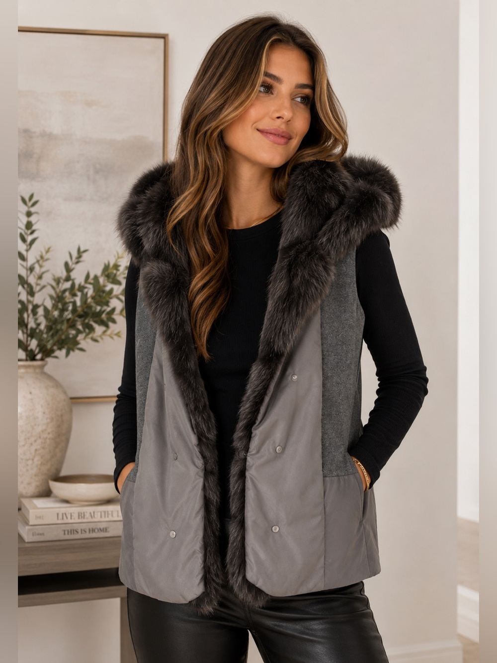Olivia Hassler Korea Fur Jacket Vest‎ with Fur Hood